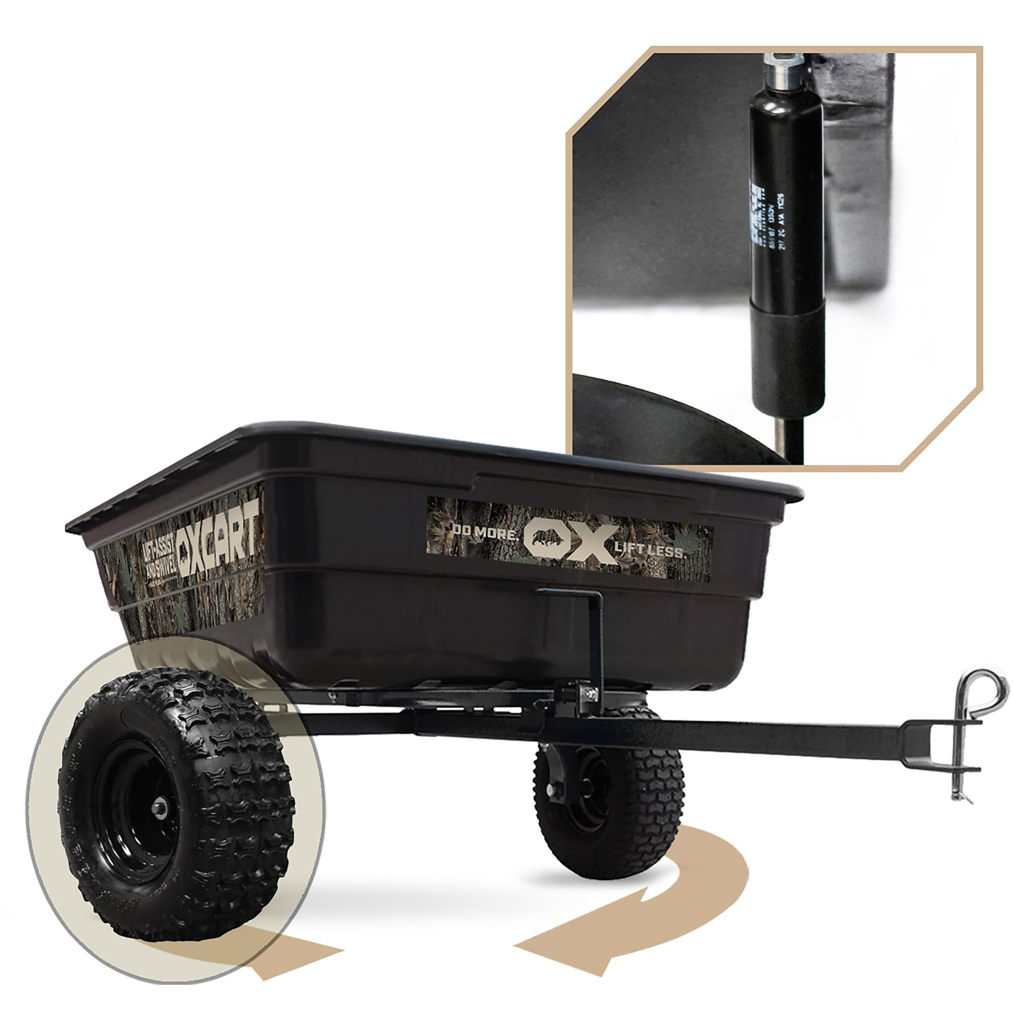 OxCart, 15 cu Camo Lift-Assist Swivel Dump Cart ATV 18” Tires, Load Capacity 1500 lb, Model# GTMXC3L218U